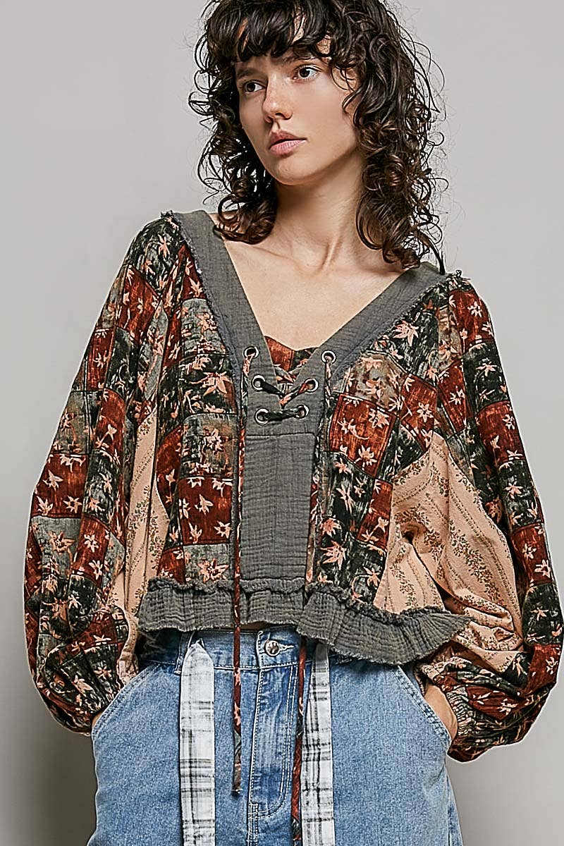 Strawberry V Neck Balloon Sleeve Floral Ruffle Woven Printed Top