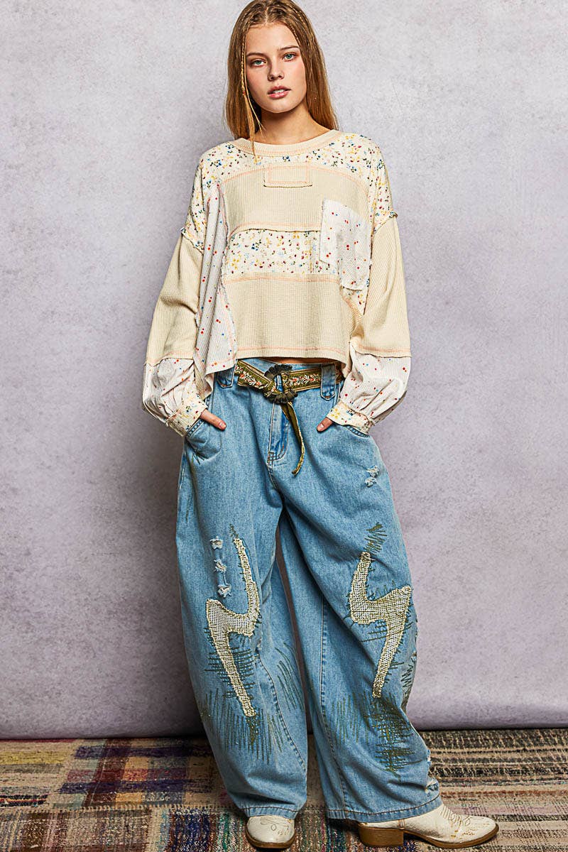 Marbella Long Sleeve Round Neck Floral Stripe Stitch Knit Top Pol Clothing
