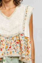 Pol Clothing - V-neck Floral Pattern Trim Ruffle Rib Knitted Sleeveless Top