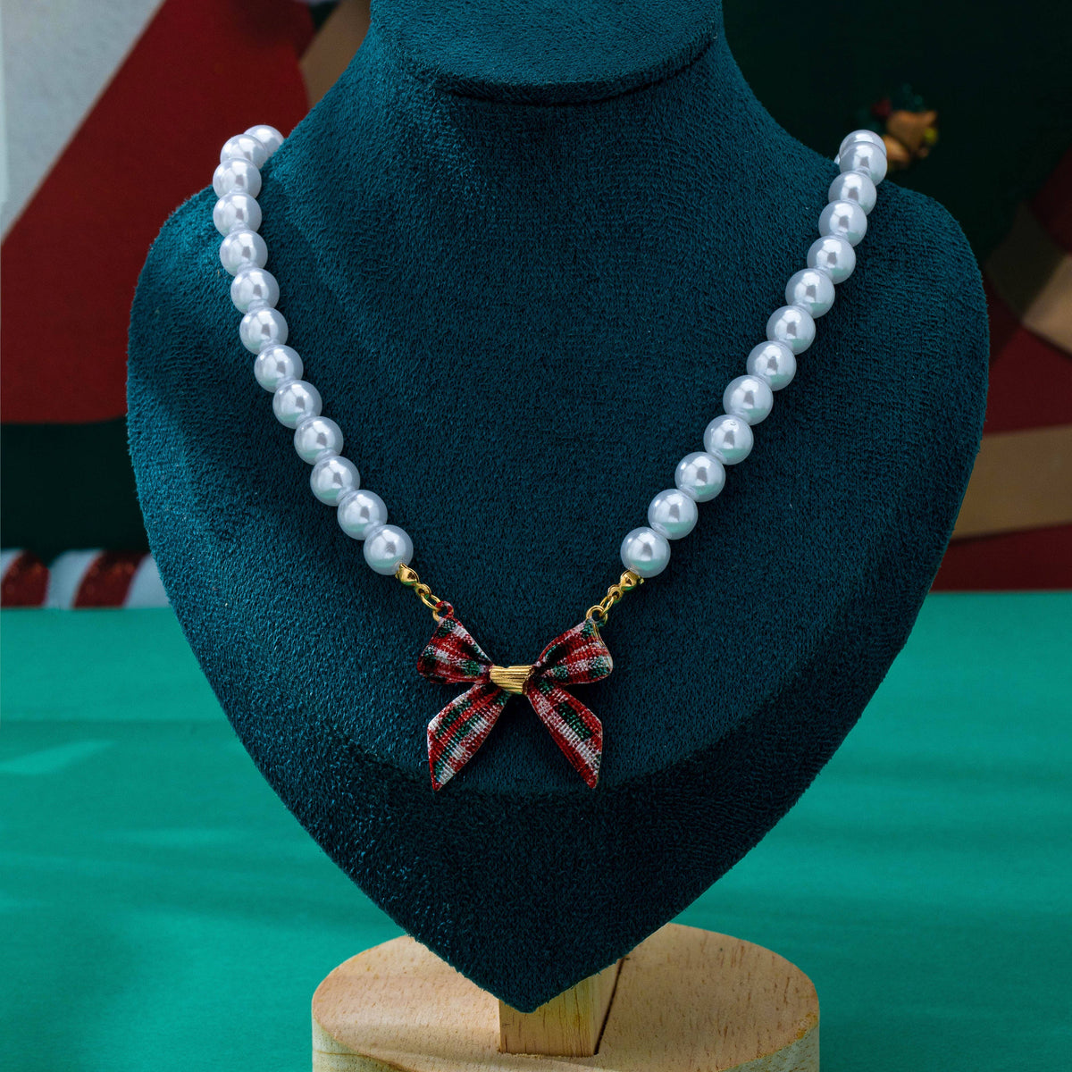 JOSSLYN by wall to wall - Holiday Tartan Plaid Fabric Bow Pearl Necklace | 80N93917