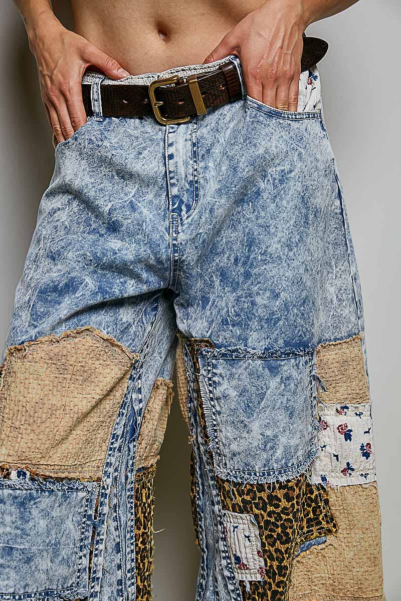 Pol Clothing - Handcrafted Vintage DIY Patchwork-Style Waistband Wide Pant