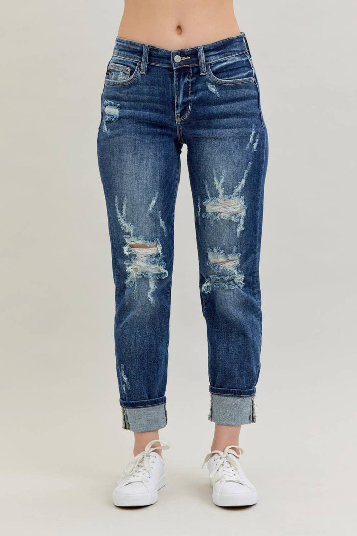 Judy Blue Jeans - Midrise Cuffed Boyfriend w Destroy