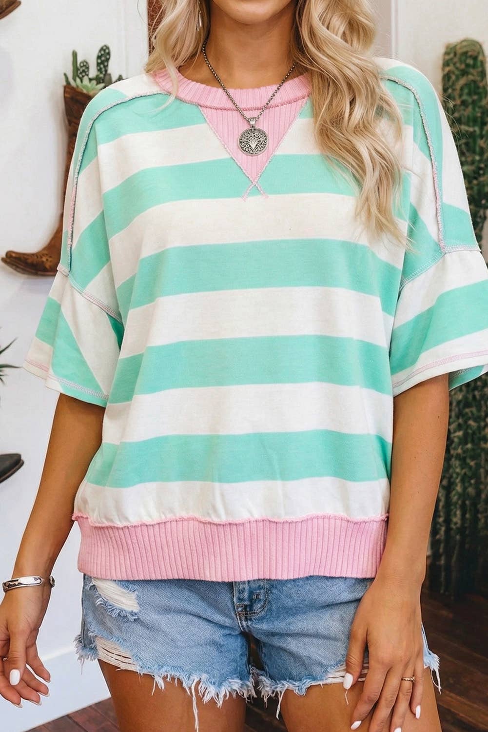 Summer Stripe Exposed Seam Ribbed Patchwork Oversized Tee