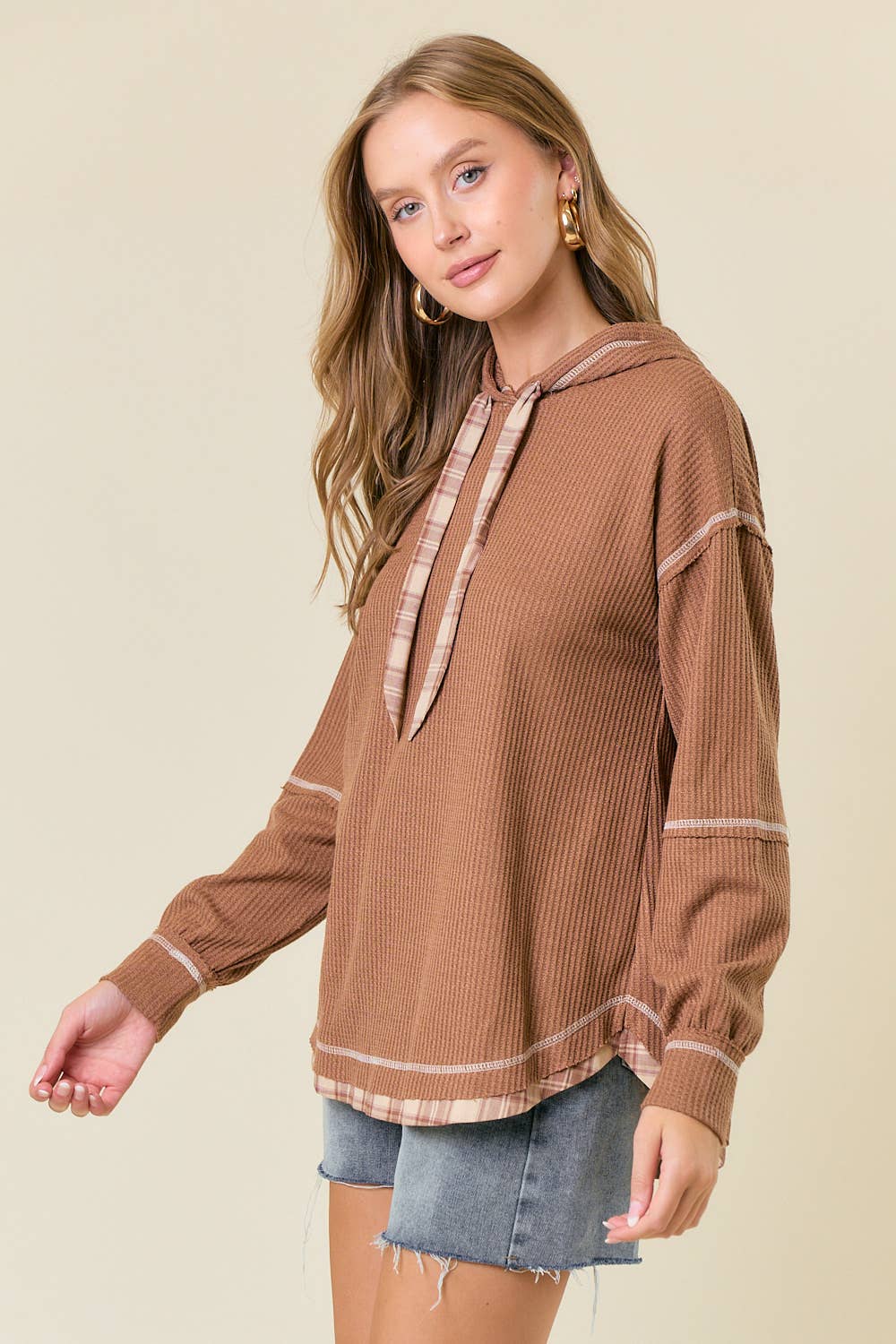 Soft WAFFLE KNIT PLAID STRAP HOODED SWEATSHIRT