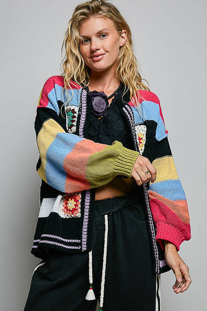 Pol Clothing - Handmade Patchwork Striped Chenille Sweater Open Cardigan