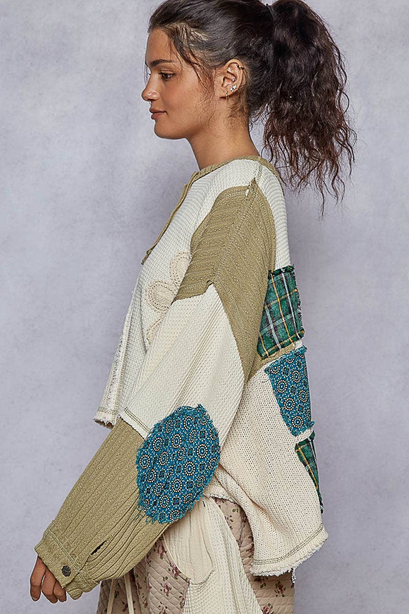 Pol Clothing - Round neck cut and sew patch oversized knit top