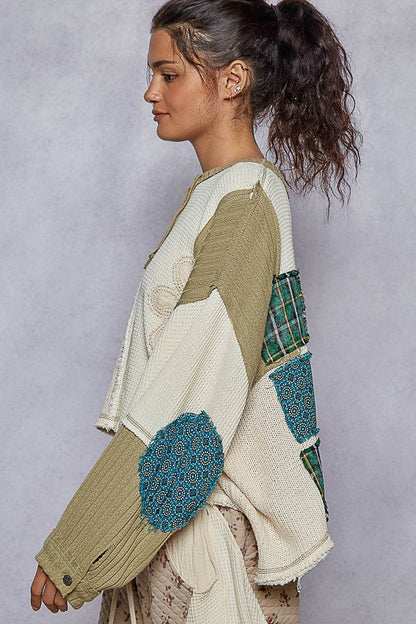 Pol Clothing - Round neck cut and sew patch oversized knit top