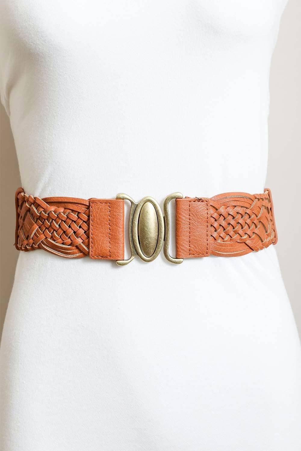 Oval Buckle Braided Elastic Belt: Brown