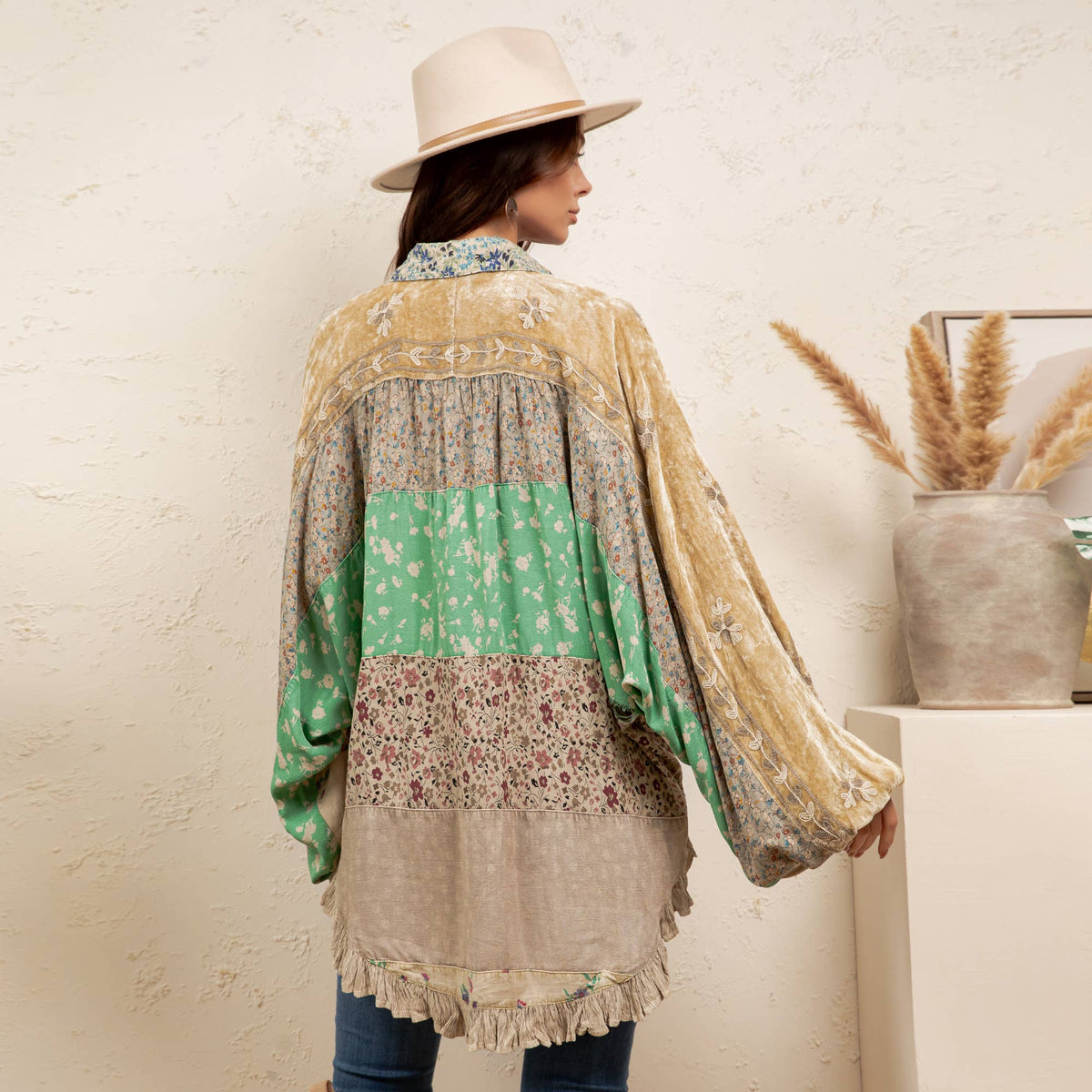 Young Threads - Vintage Mixed Print Patchwork Bat Sleeve Top -Ruffle Hem NEW