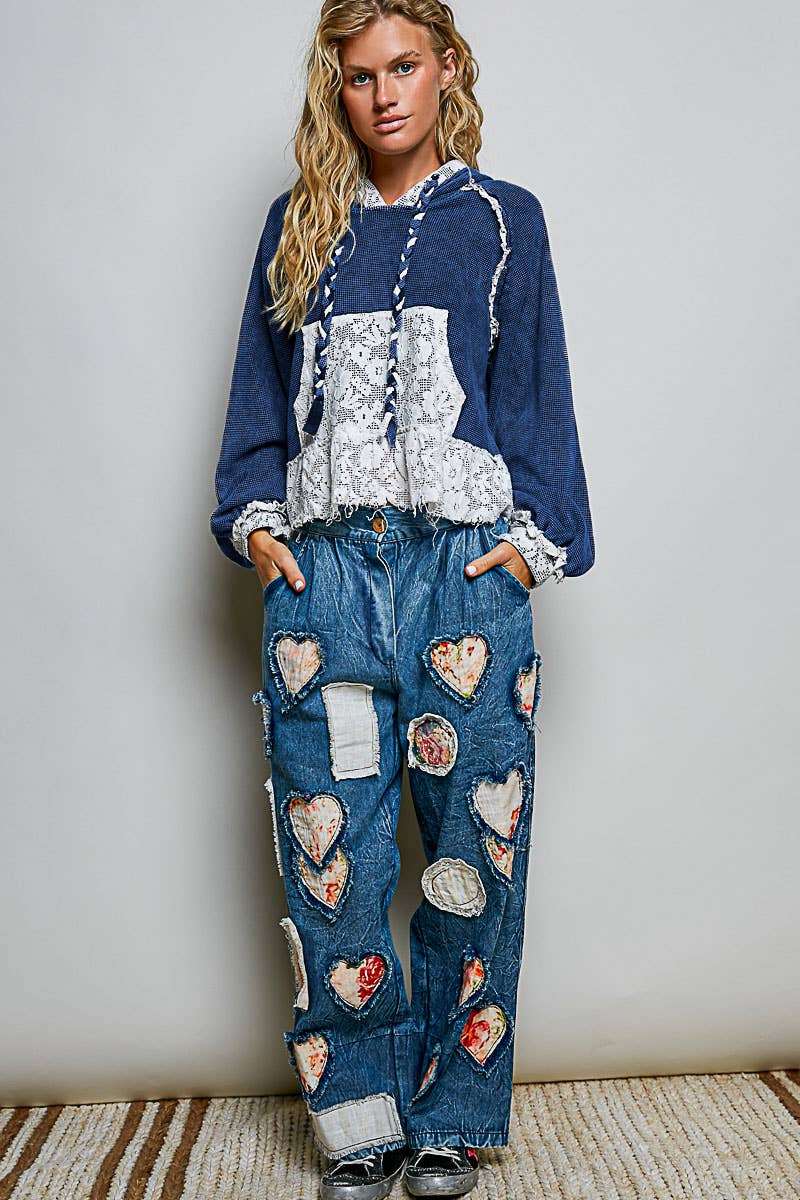 Pol Clothing - Cropped Balloon Sleeves Thermal Knit Lace Casual Hoodie