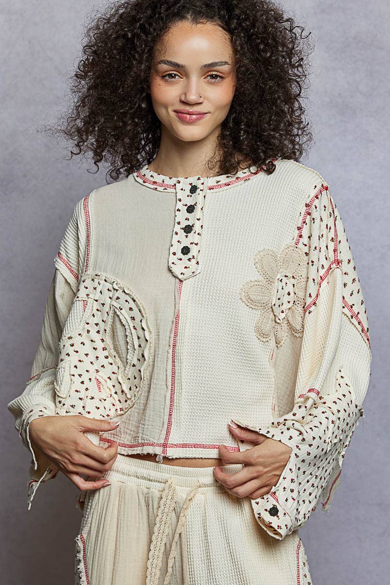 Pol Clothing - Round neck peace patch floral oversized fit knit top