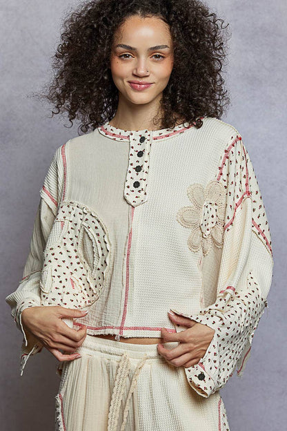 Pol Clothing - Round neck peace patch floral oversized fit knit top