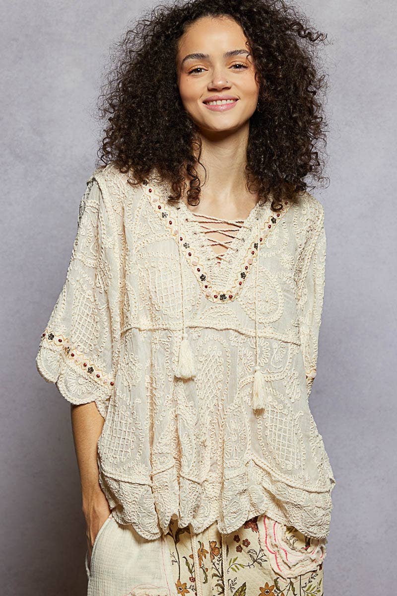 Pol Clothing - Short Sleeve Adjustable Drawstring Crochet V Neck Top