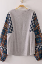 Havanah Contrast Plaid Sleeve Top