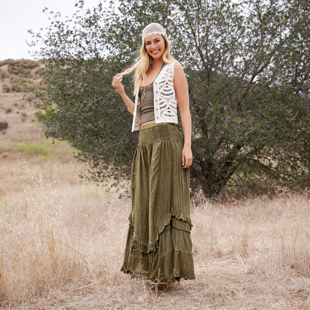 Young Threads - Boho Smocked Mineral Wash Lace Tiered Ruffle Pants NEW