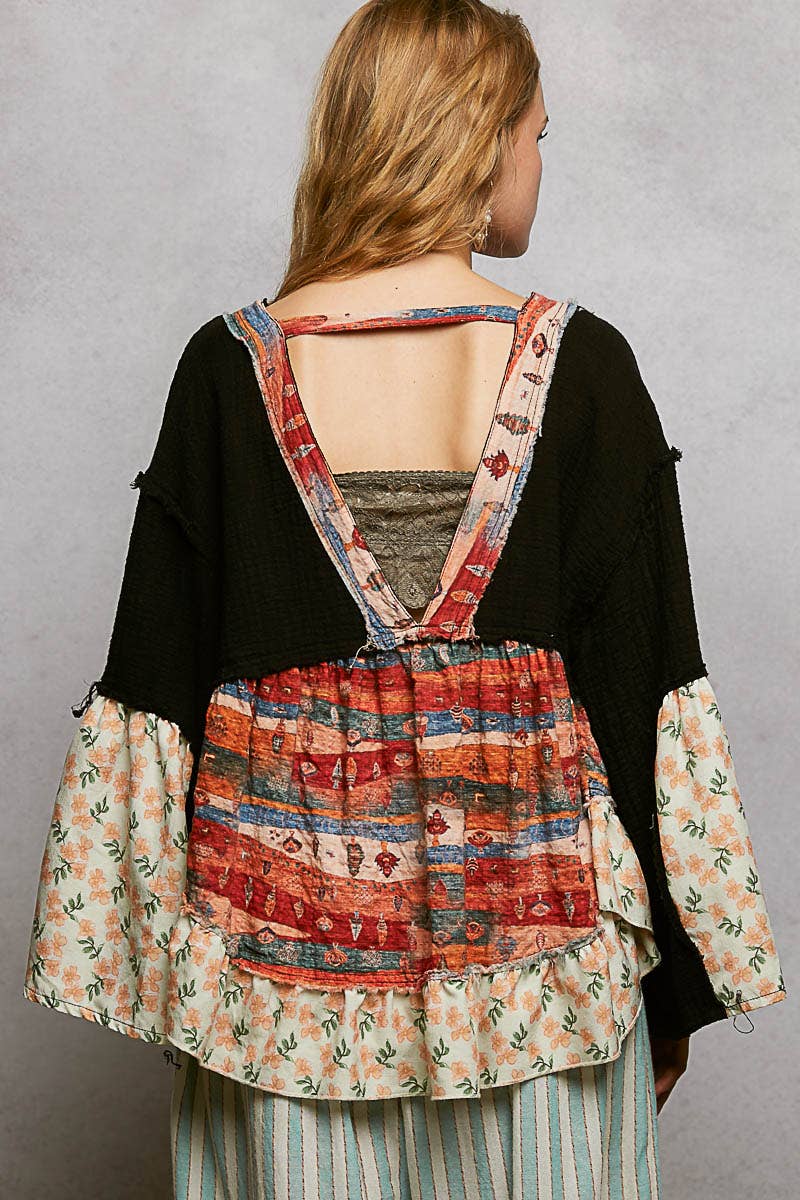 Pol Clothing - Double Gauze Floral Roomy Fit Open Cardigan with V-Back