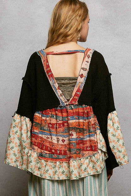 Pol Clothing - Double Gauze Floral Roomy Fit Open Cardigan with V-Back