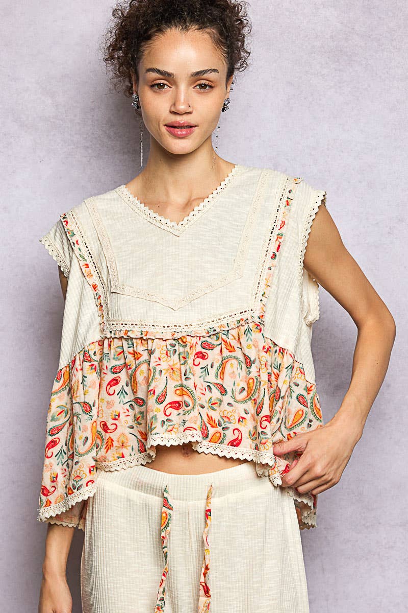 Pol Clothing - V-neck Floral Pattern Trim Ruffle Rib Knitted Sleeveless Top