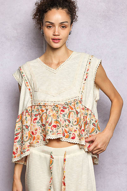 Pol Clothing - V-neck Floral Pattern Trim Ruffle Rib Knitted Sleeveless Top