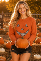 Pumpkin Face Patchwork Sweater Knit Top