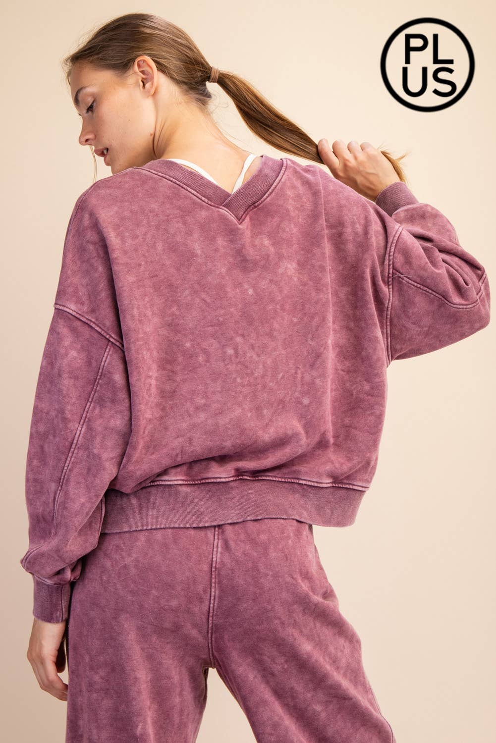 PLUS SIZE MINERAL WASHED FRENCH TERRY V-NECK PULLOVER Rae Mode