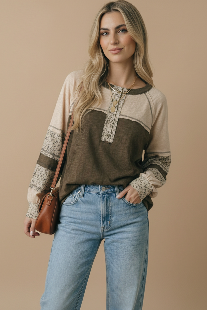 Round Neck Floral Color Block Cotton Slub Top-Haptics