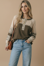 Round Neck Floral Color Block Cotton Slub Top-Haptics