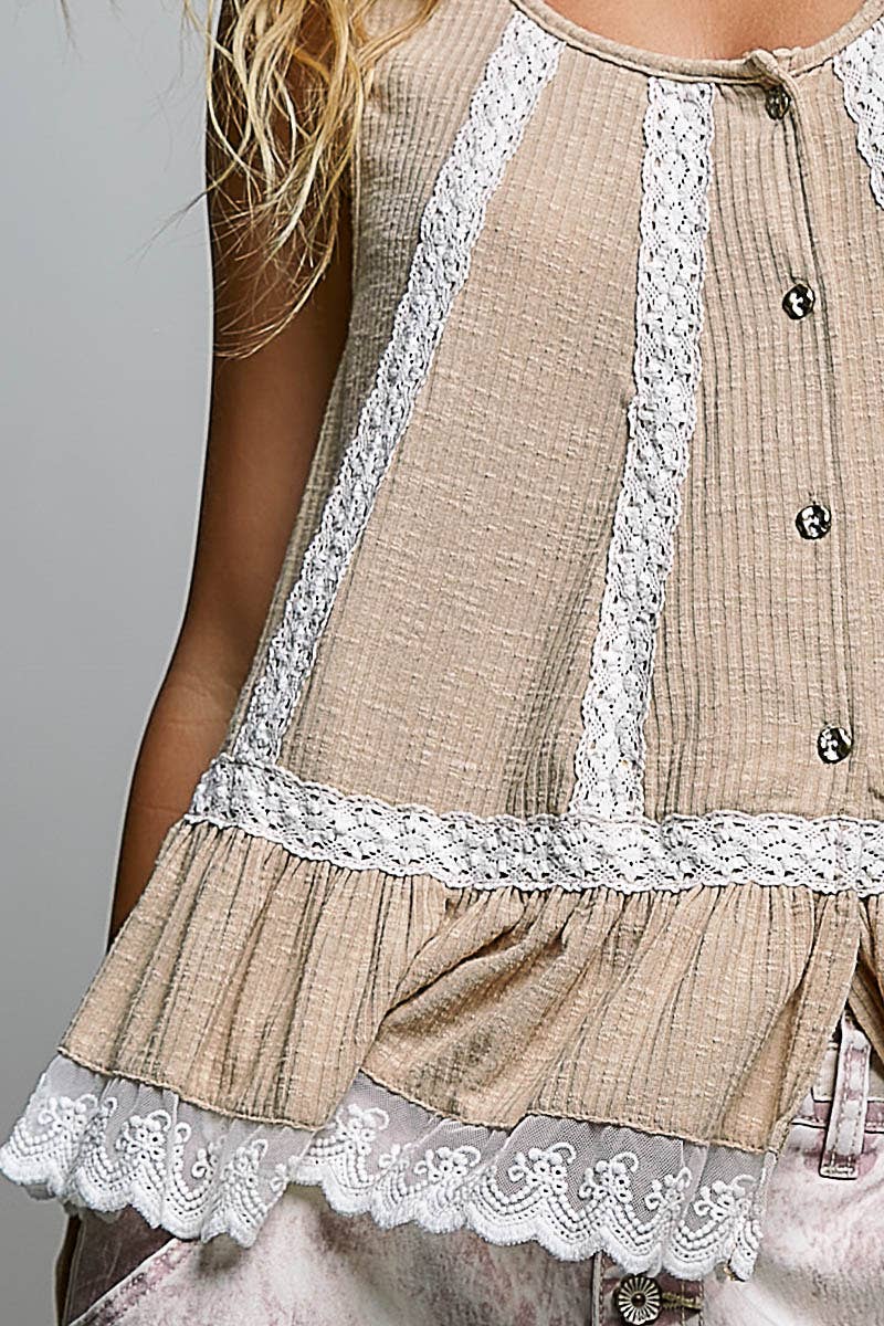 Pol Clothing - Metal Button Down Lace Trim Ruffle Round Neck Sleeveless