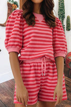 Summer Stripe Puff Short Sleeve T Shirt Matching Shorts Set