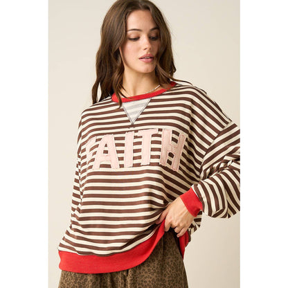 FAITH PATCHWORK STRIPED LONG SLEEVE SWEATSHIRT