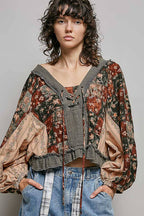 Strawberry V Neck Balloon Sleeve Floral Ruffle Woven Printed Top