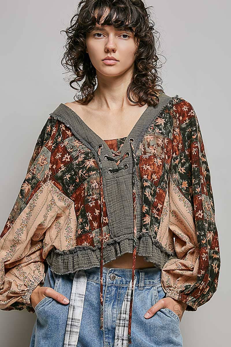 Strawberry V Neck Balloon Sleeve Floral Ruffle Woven Printed Top