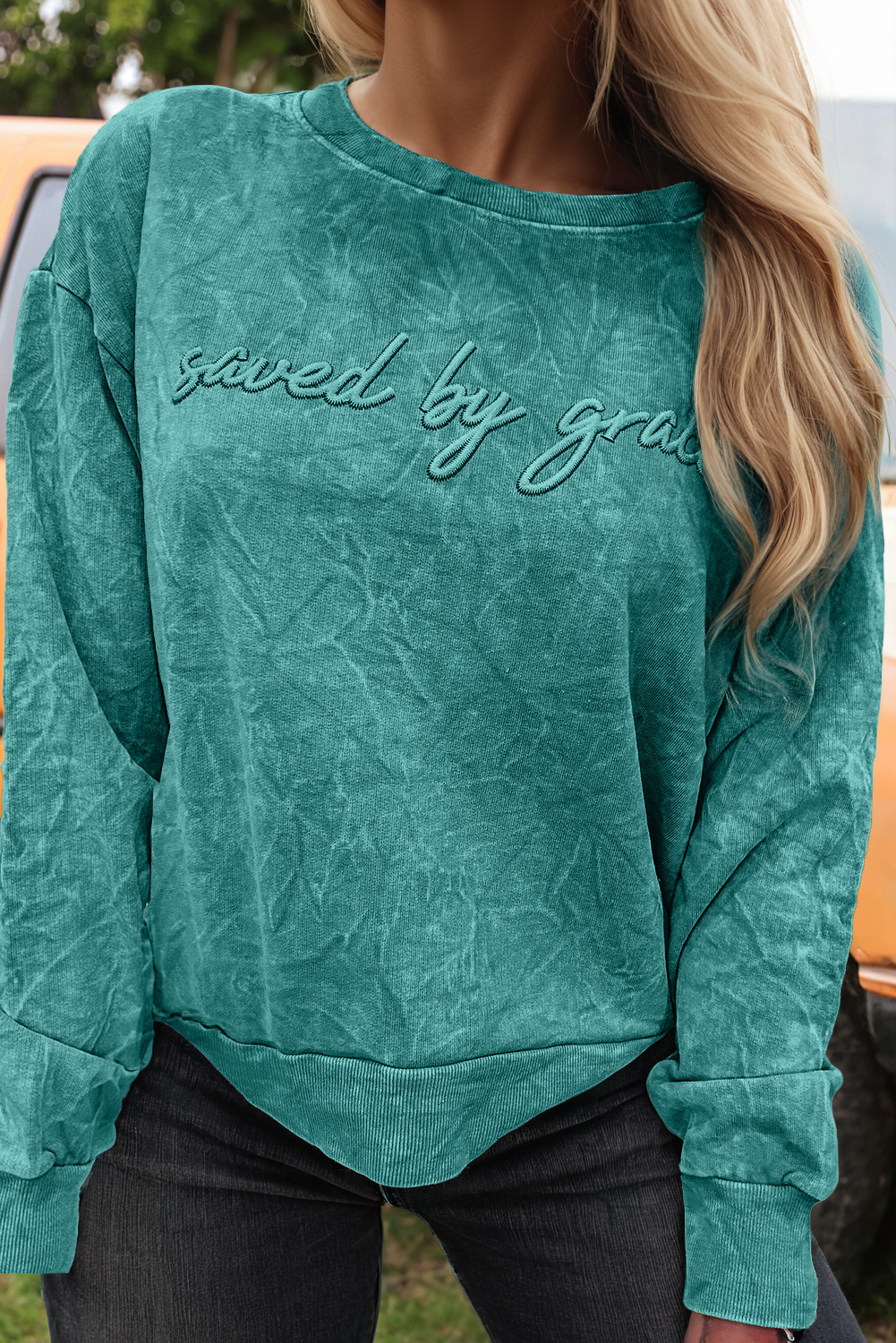 Saved By Grace Embroidery Mineral Wash Loose Sweatshirt