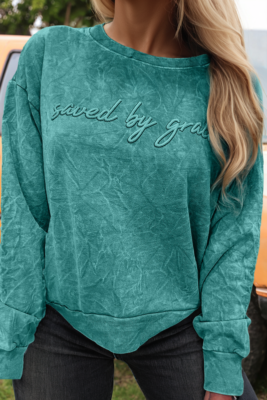 Saved By Grace Embroidery Mineral Wash Loose Sweatshirt