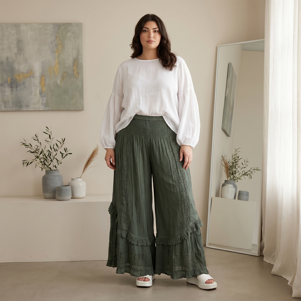 Young Threads - Boho Smocked Mineral Wash Lace Tiered Ruffle Pants NEW