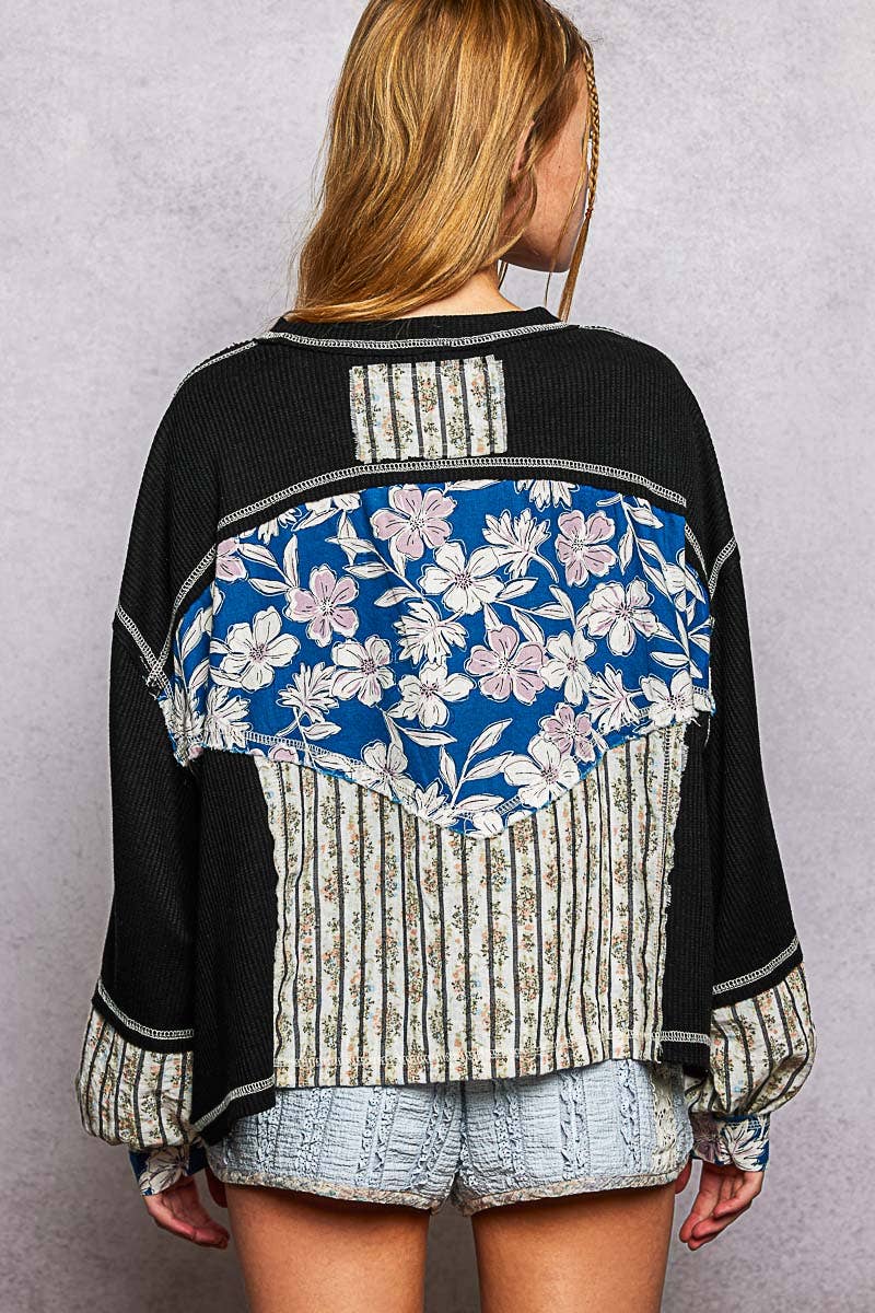 Marbella Long Sleeve Round Neck Floral Stripe Stitch Knit Top Pol Clothing