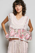 Pol Clothing - V-neck Floral Pattern Trim Ruffle Rib Knitted Sleeveless Top
