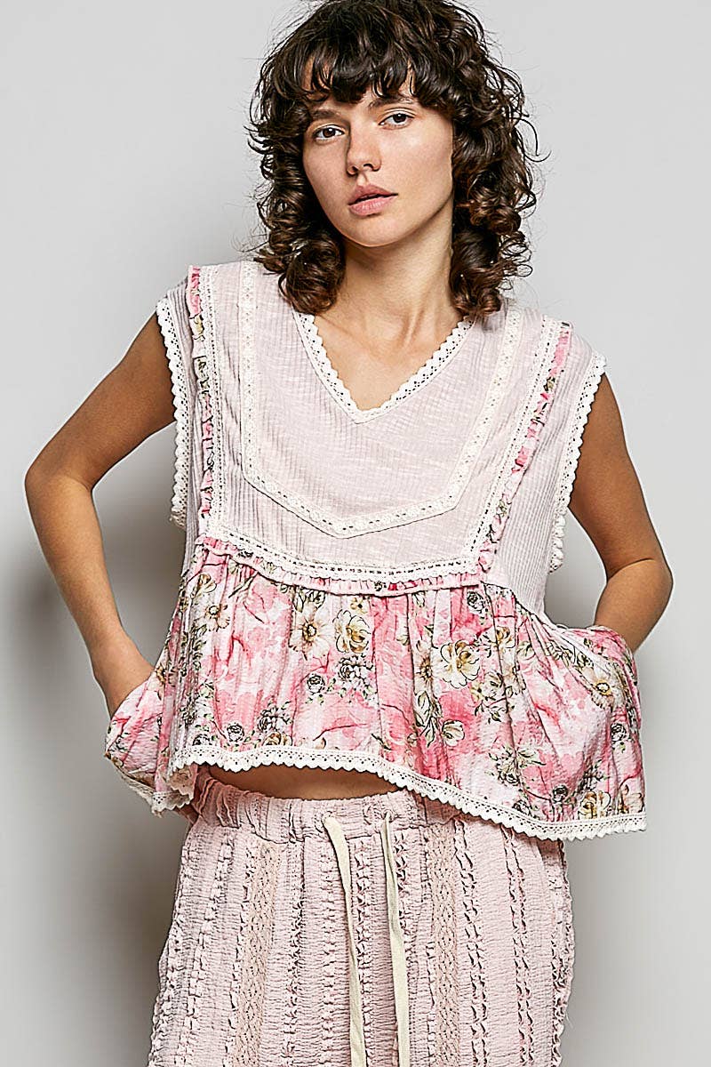 Pol Clothing - V-neck Floral Pattern Trim Ruffle Rib Knitted Sleeveless Top