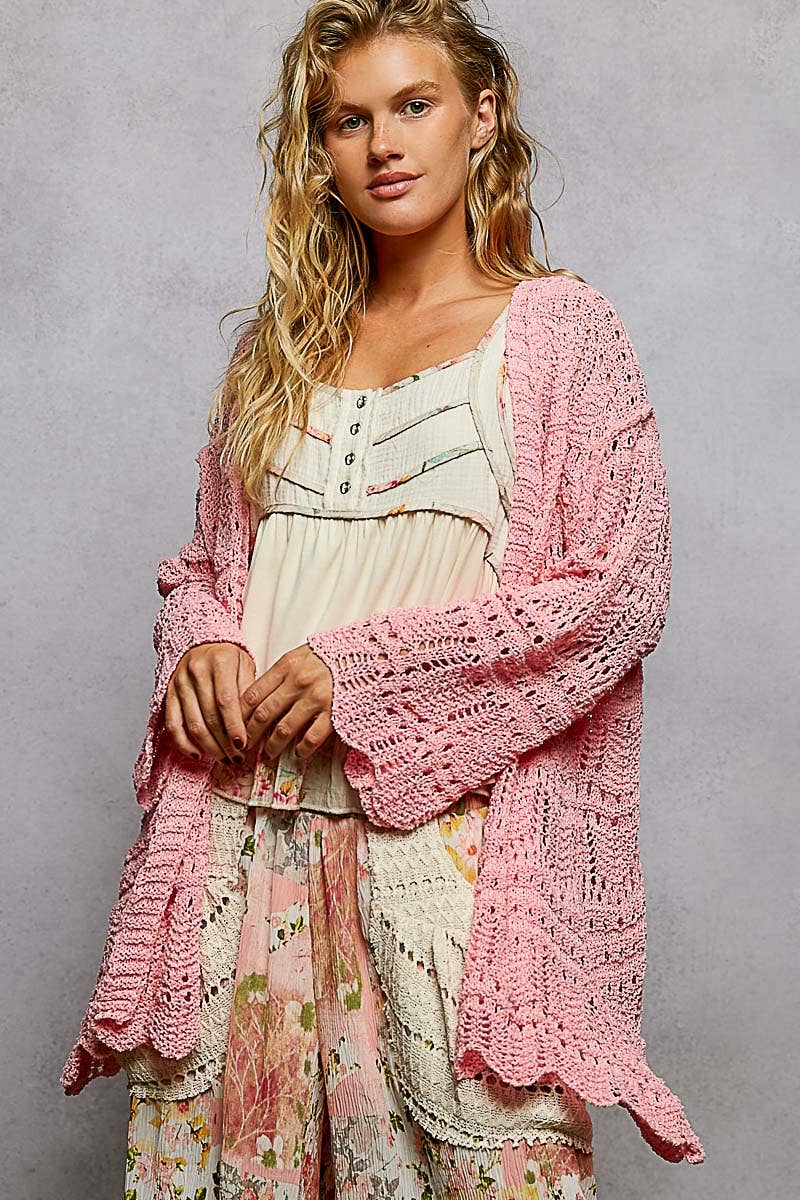 Pol Clothing - Weave Pattern Solid Thin Acrylic Sweater Open Cardigan SALE