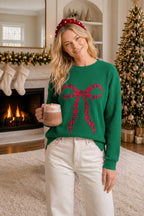 Main Strip - Holiday Plaid Bow Waffle Knit Pullover Top
