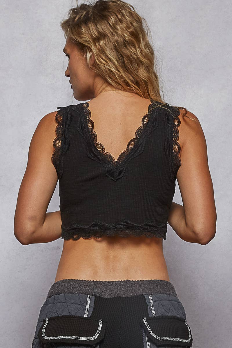 Pol Clothing - Lace Trim Ribbed V Neck Summer Sleeveless Crop Top