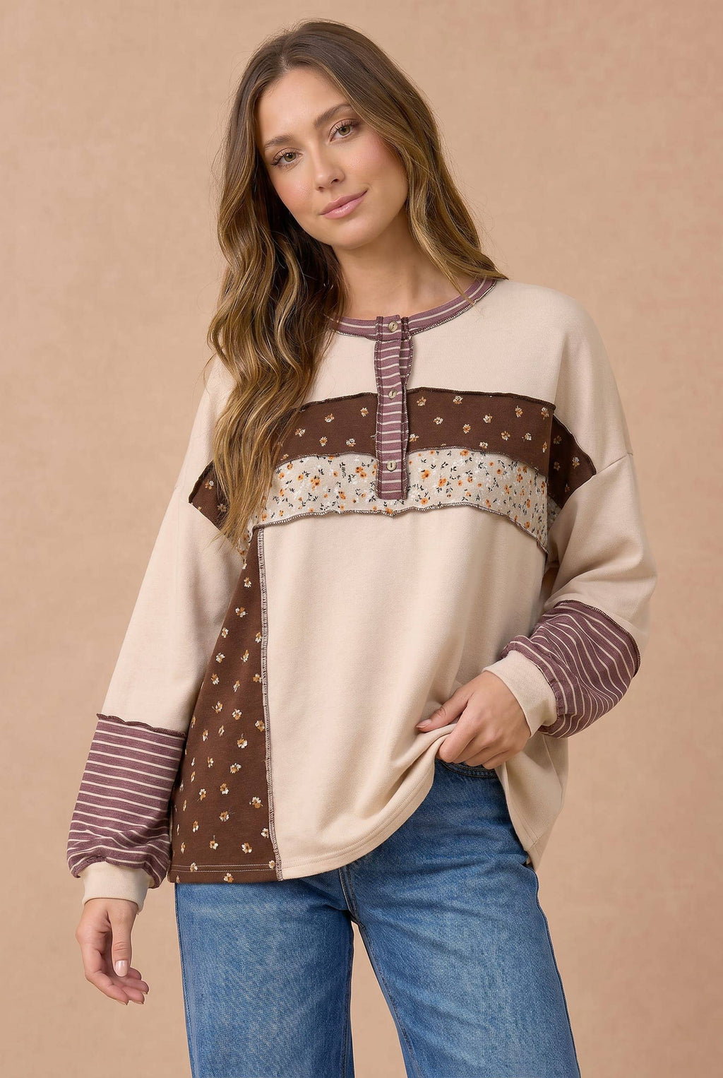 Haptics - Floral Stripe Color Block Neck Buttoned Top