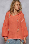 Pol Clothing - V-neck solid stitch point hoodie chenille sweater top
