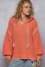 Pol Clothing - V-neck solid stitch point hoodie chenille sweater top