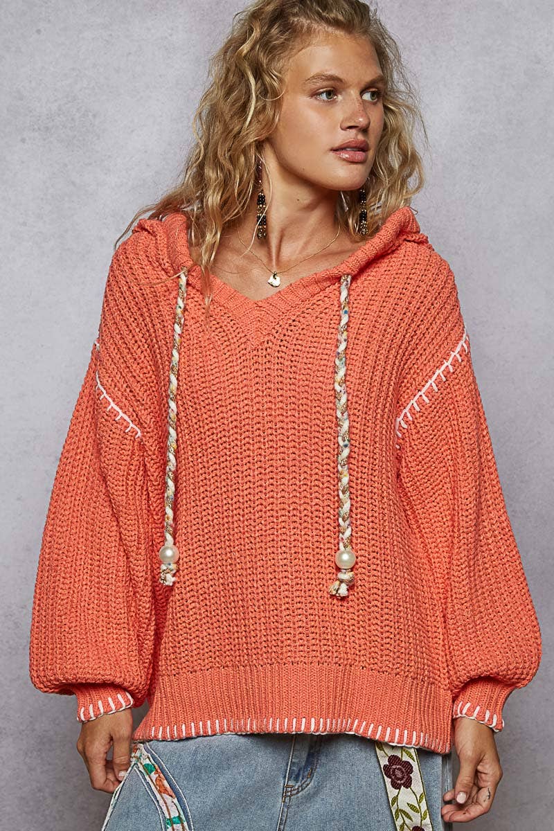 Pol Clothing - V-neck solid stitch point hoodie chenille sweater top
