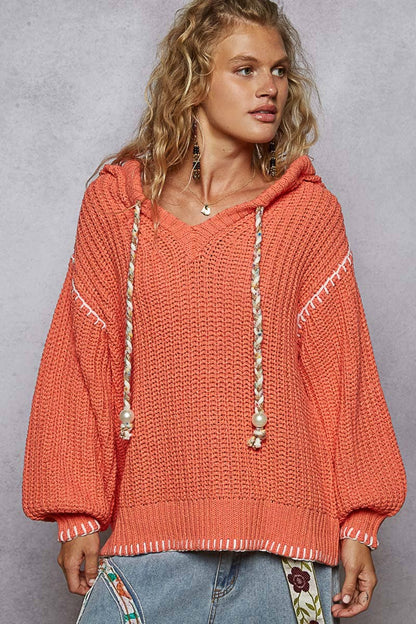 Pol Clothing - V-neck solid stitch point hoodie chenille sweater top