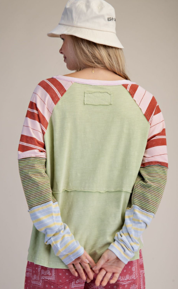 EASEL MIXED STRIPE WASHED COTTON TOP