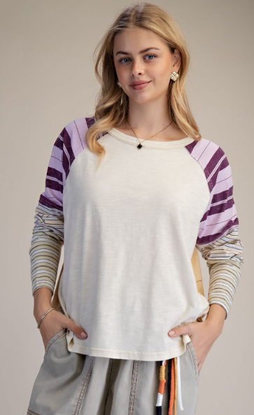 EASEL MIXED STRIPE WASHED COTTON TOP