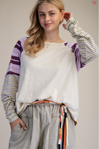 EASEL MIXED STRIPE WASHED COTTON TOP