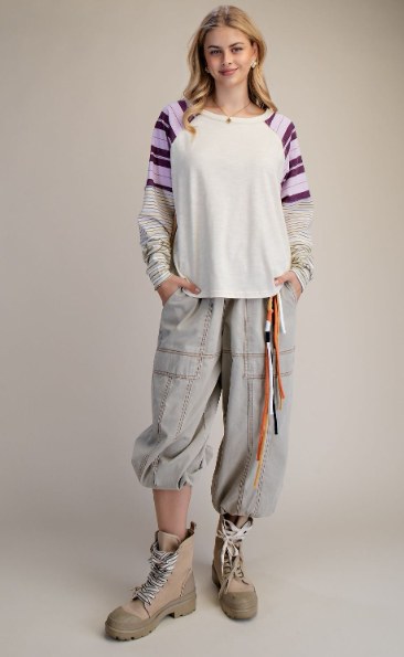 EASEL MIXED STRIPE WASHED COTTON TOP